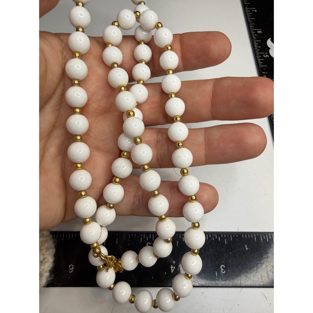 Monet White Bead Necklace Gold Tone Spacers Classic Costume Jewelry 30 Inch